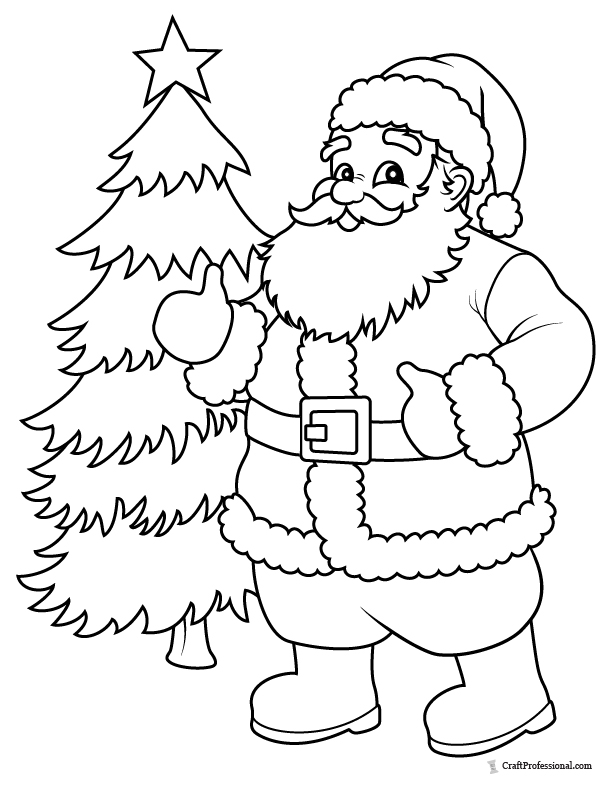 Santa Claus and Christmas tree coloring sheet