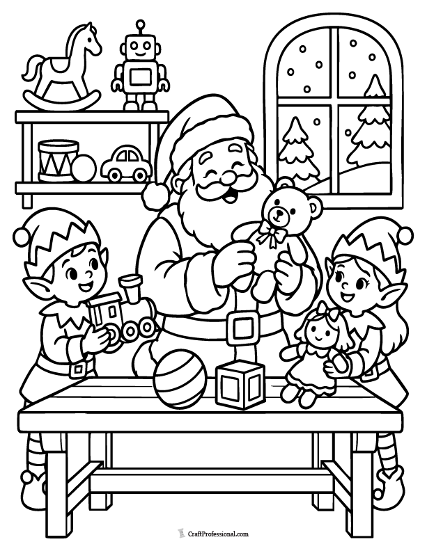 Santa inspecting toys made by elves in his workshop.