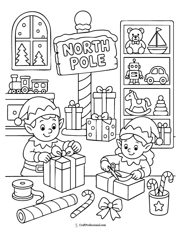 Santa's workshop coloring page with elves, wrapped gifts, toy shelves, and North Pole decorations.