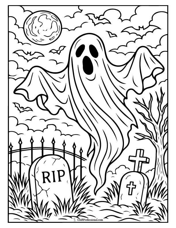 Spooky ghost emerging from a haunted graveyard coloring page