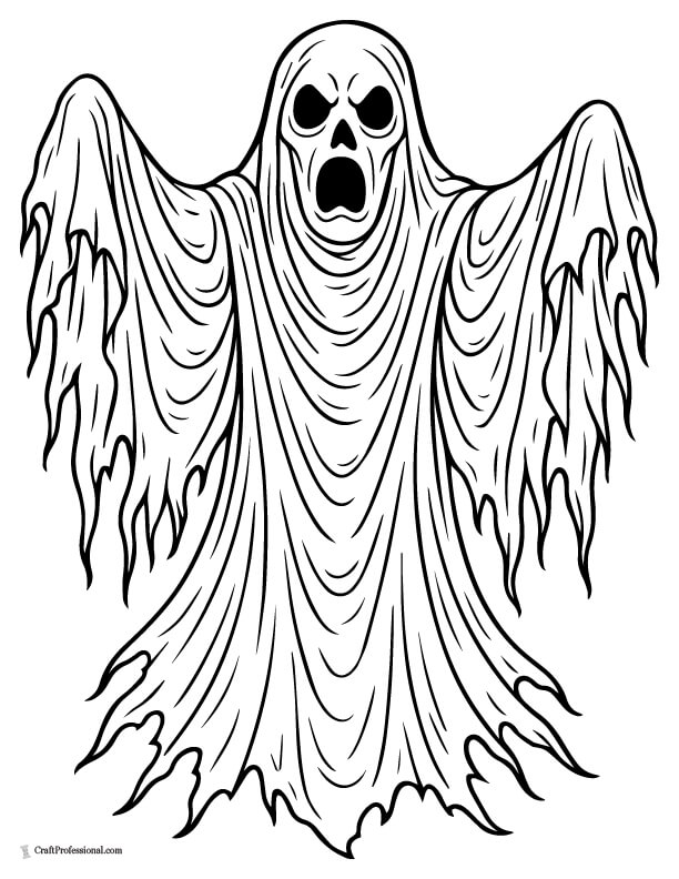 Screaming ghost with tattered sheet arms coloring sheet