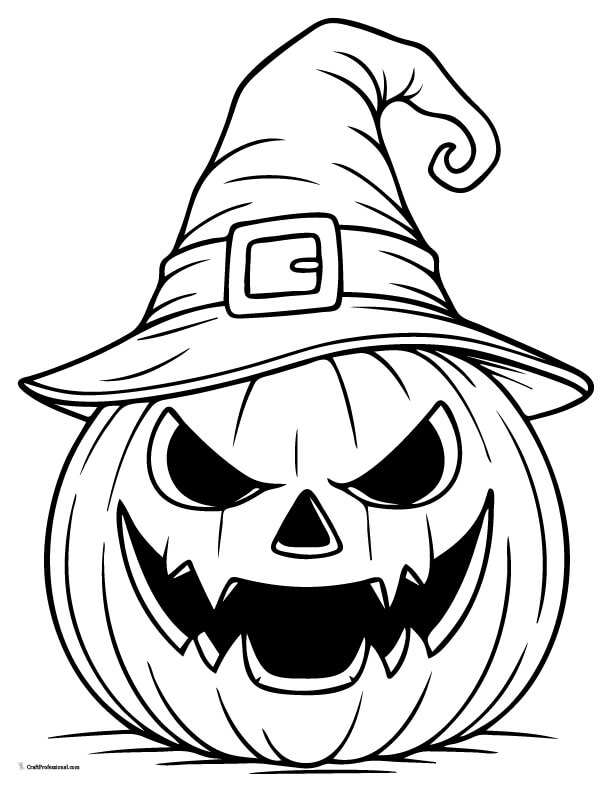Jack o'lantern wearing a witch's hat and scary grin coloring page