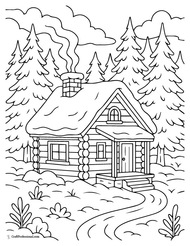 Cozy cabin in the snowy woods coloring page