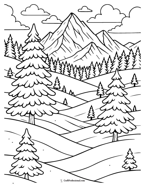 Snowy hills with distant mountains coloring page