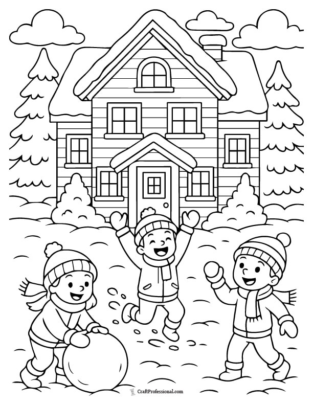 Kids playing in snow in front of house coloring page