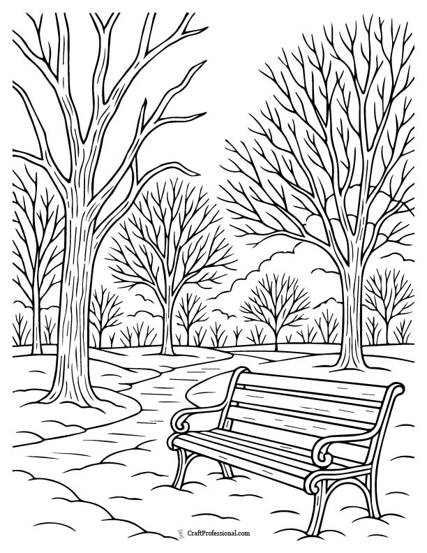Winter park with bare trees and bench coloring sheet