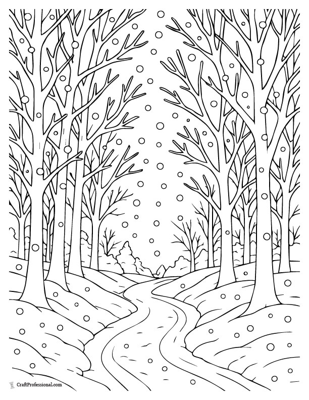 Forest path with falling snow coloring page
