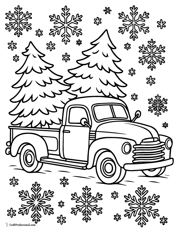 Tree farm pickup with Christmas tree coloring page.