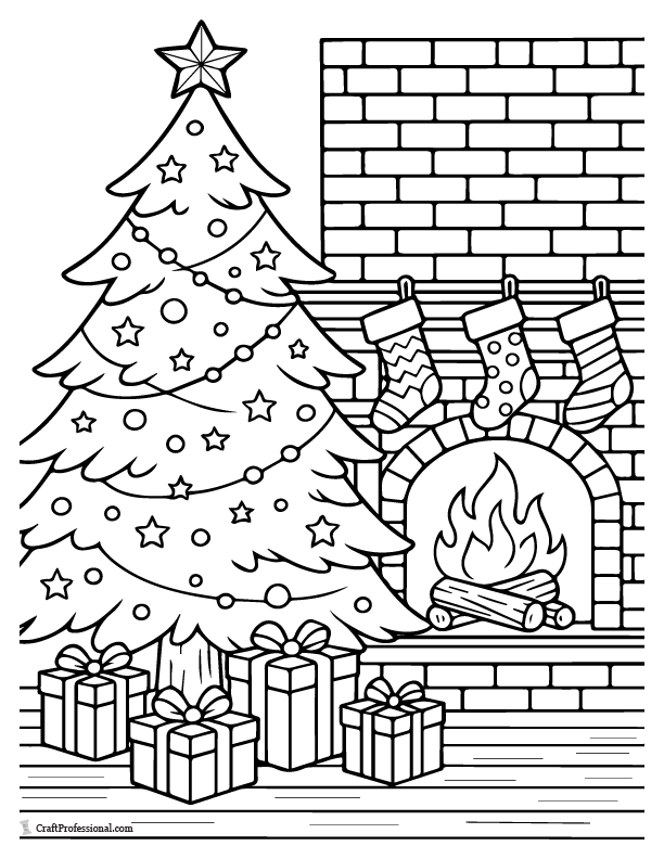 Christmas tree by fireplace with stockings coloring page.