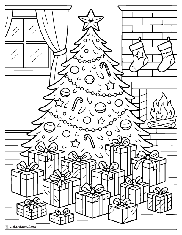 Tree with many presents scene coloring page.