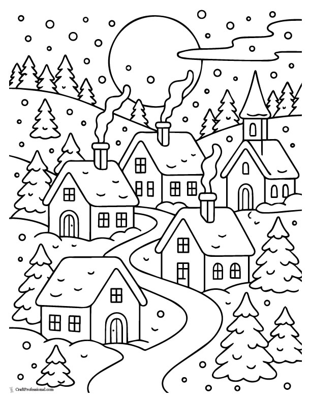 Snow-covered village coloring page