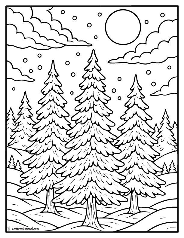 Outdoor winter forest Christmas trees coloring page.