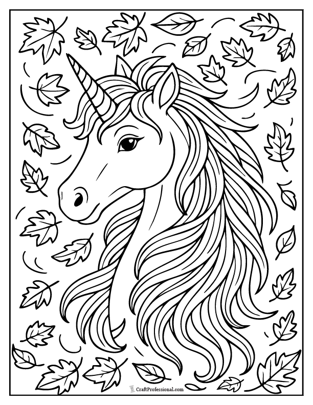 Autumn unicorn coloring page with swirling maple leaves and wind-blown mane. Autumn unicorn coloring page with swirling maple leaves and wind-blown mane.