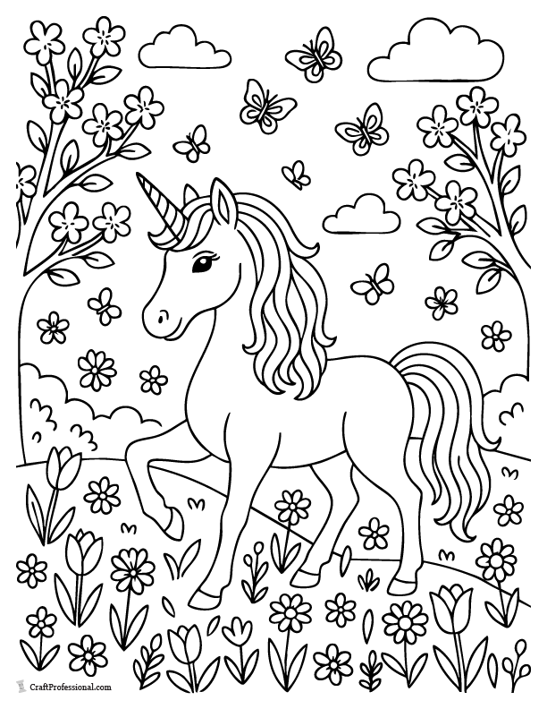 Spring unicorn coloring page standing amid blooming flowers and fresh foliage.
