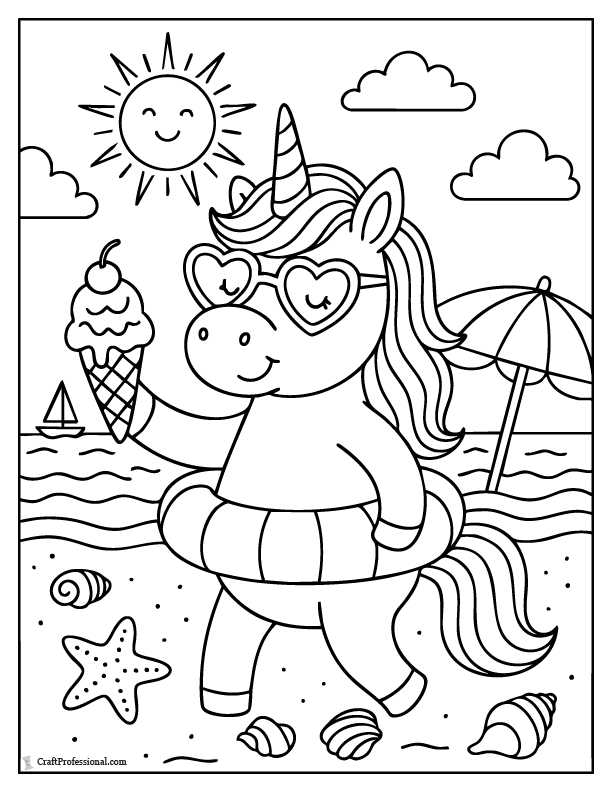 Summer unicorn coloring page at the beach with waves, sand, and bright sun.
