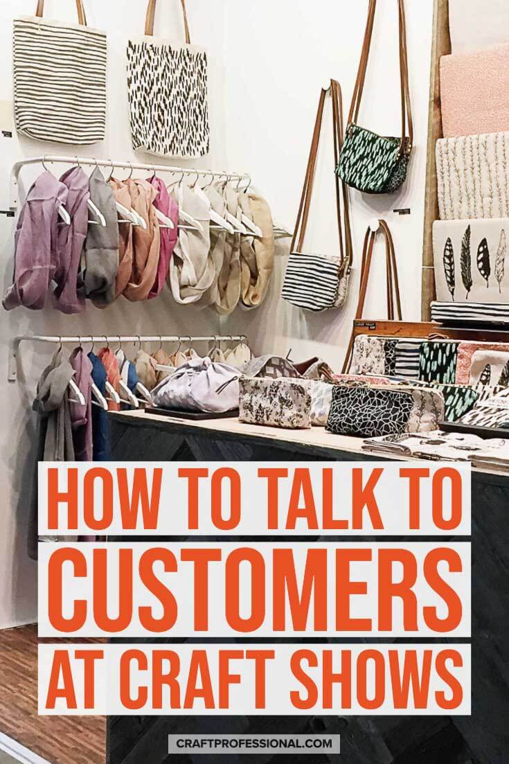 Handmade purses displayed in a craft booth. Text - How to talk to customers at craft shows. Handmade purses displayed in a craft booth. Text - How to talk to customers at craft shows.