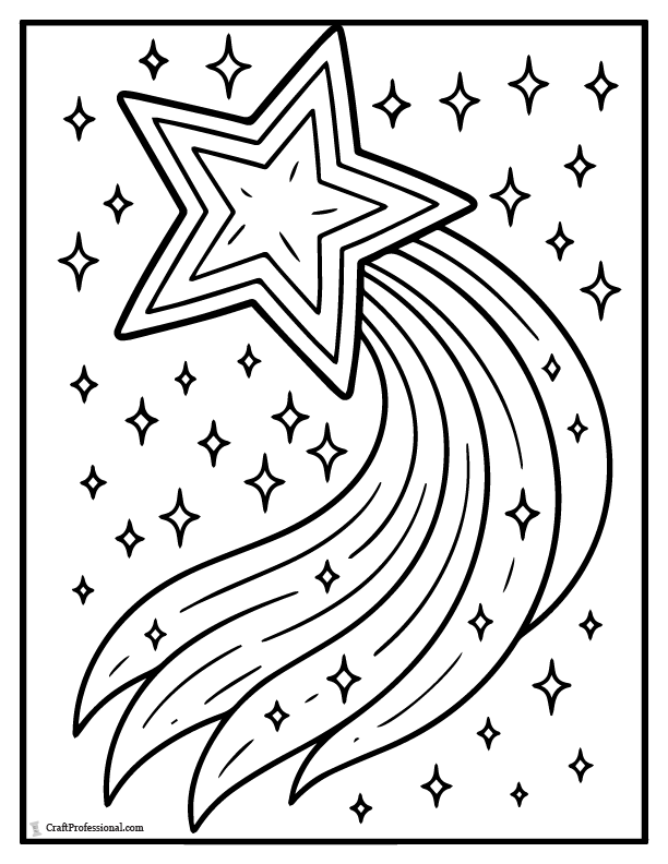 Comet with a curved tail path, coloring page.
