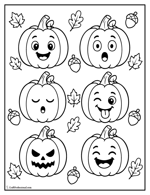 Silly pumpkin faces coloring page with six different pumpkin expressions for Halloween fun.