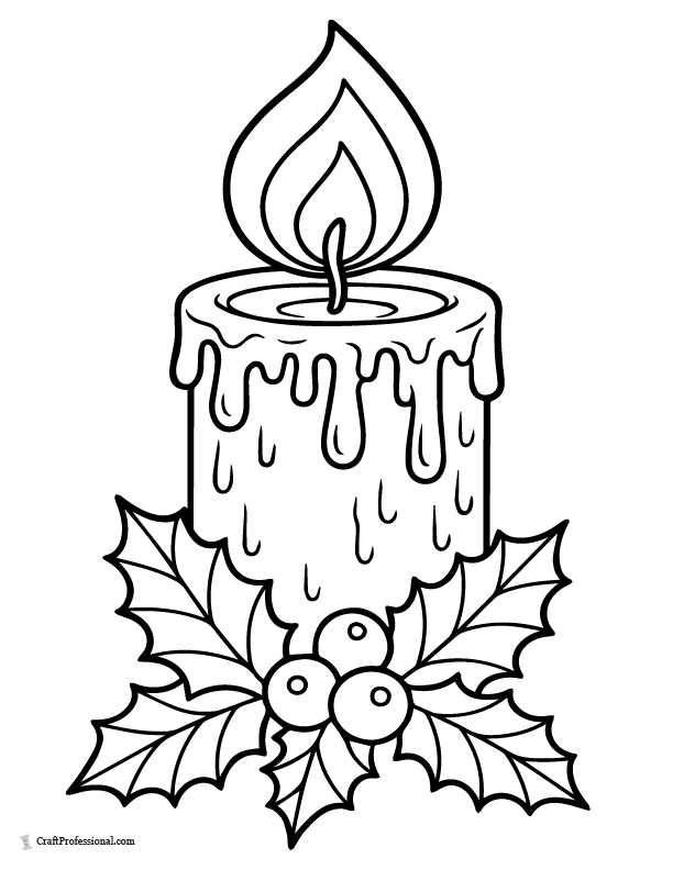 Big candle with an oversized flame and holly berries coloring page