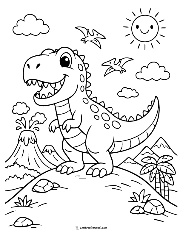 Simple dinosaur standing on hill coloring page