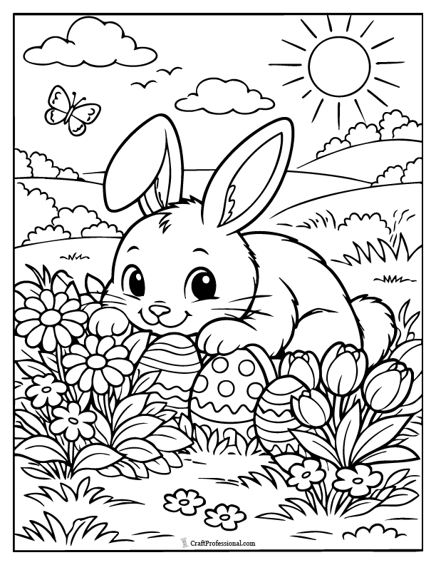 Simple Easter bunny coloring page of a bunny hiding eggs behind flowers in a spring meadow.