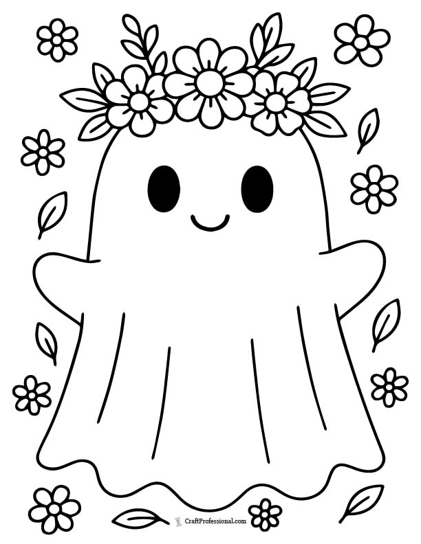 Ghost with flower crown, easy coloring page