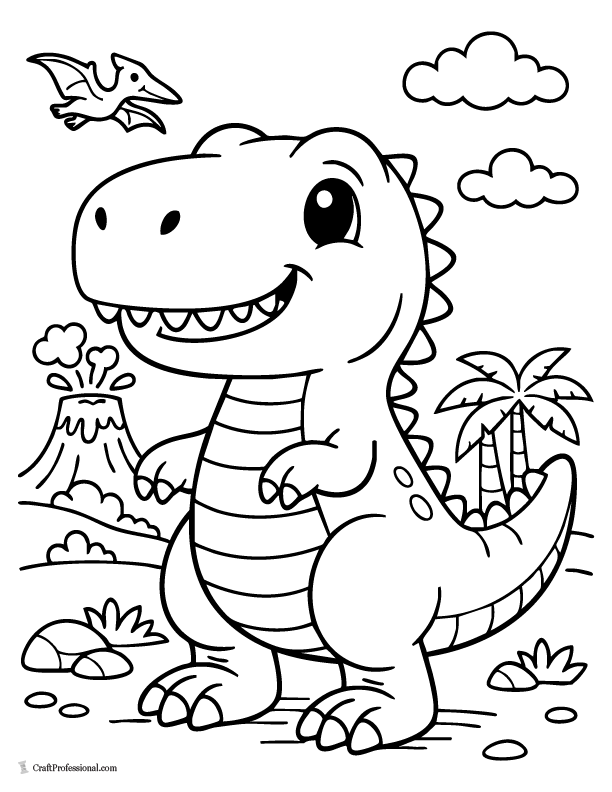 Simple smiling T-Rex standing dinosaur coloring page for kids