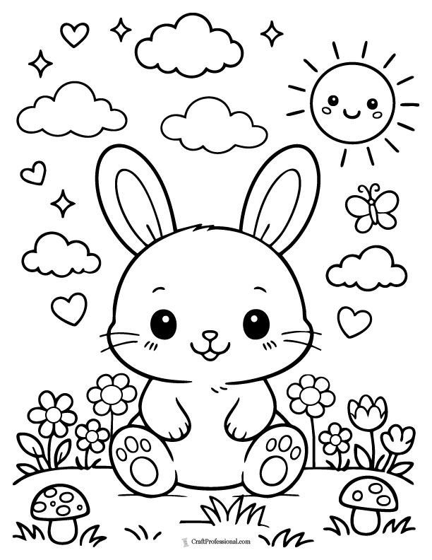 Simple cute Easter bunny coloring page with thick outlines for toddlers.