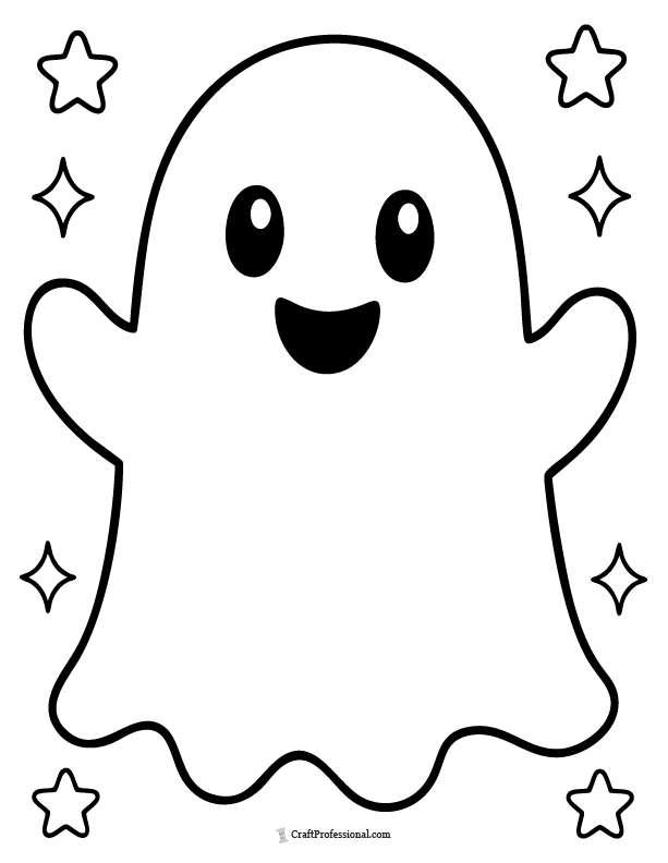 Simple toddler ghost outline coloring page with a happy face and large spaces for preschoolers.