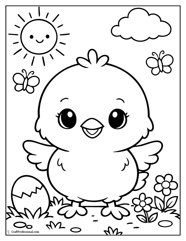 Single large baby chick Easter coloring page for toddlers.