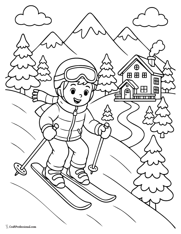 Winter sports coloring page with a child skiing down a snowy mountain slope.