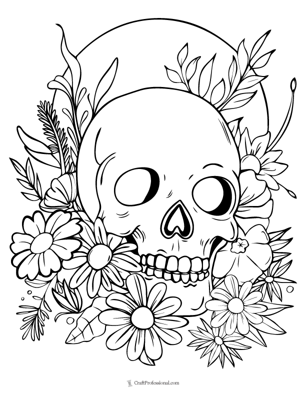 Coloring page with skull surrounded by flowers and a full moon