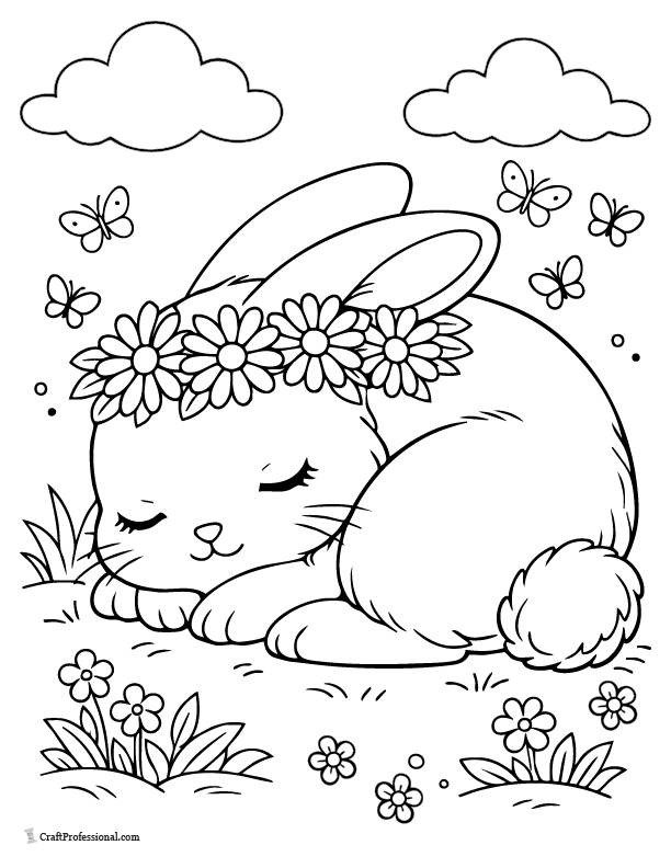 Curled-up cute bunny wearing a daisy flower crown Easter coloring page for kids.
