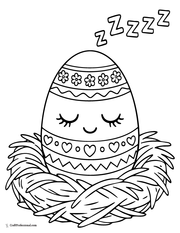 Sleepy Easter egg coloring page in a nest with “Zzz” above.