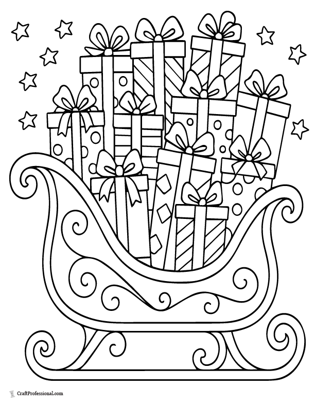 Sleigh filled with wrapped presents coloring page.