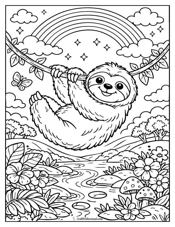 Cute sloth swinging from rainbow-colored vines in a rainforest coloring page.
