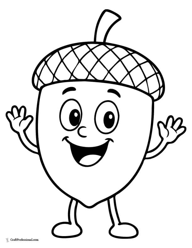 Cartoon acorn waving and smiling coloring page