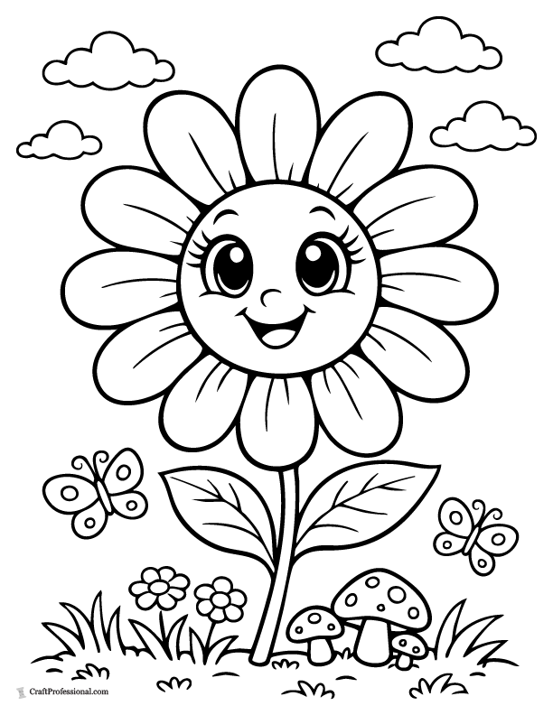 Smiling cartoon daisy coloring page with big eyes and rounded petals.
