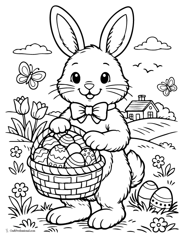 Smiling Easter bunny coloring page with a woven basket of eggs and a bowtie.