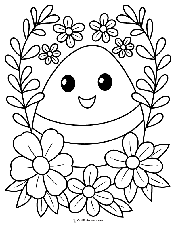 Smiling Easter egg with spring flowers encircling the egg, coloring page.