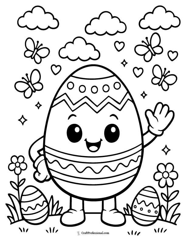 Cute smiling Easter egg character coloring page printable.
