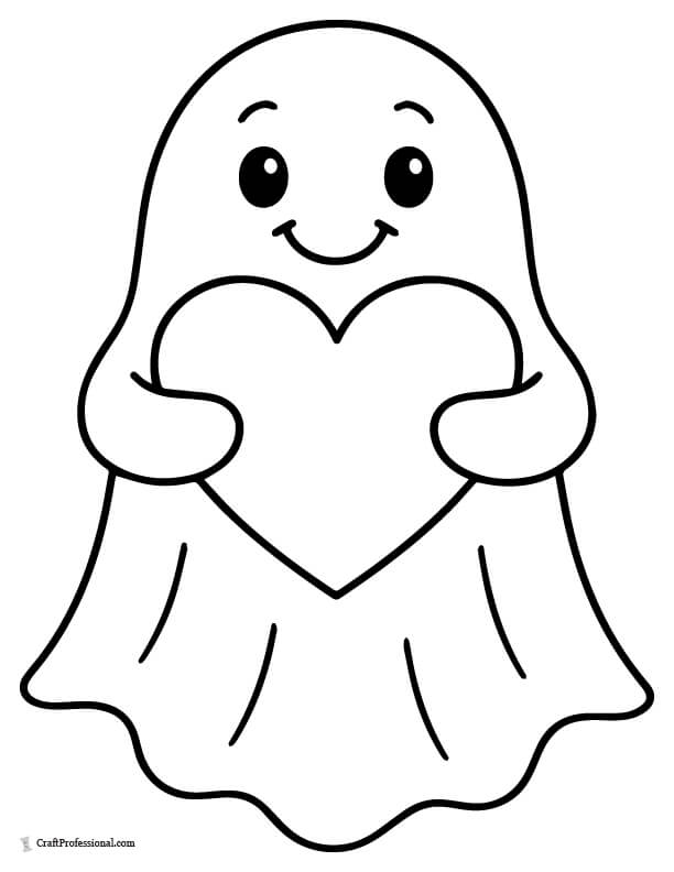 Smiling ghost with one large heart, easy coloring page