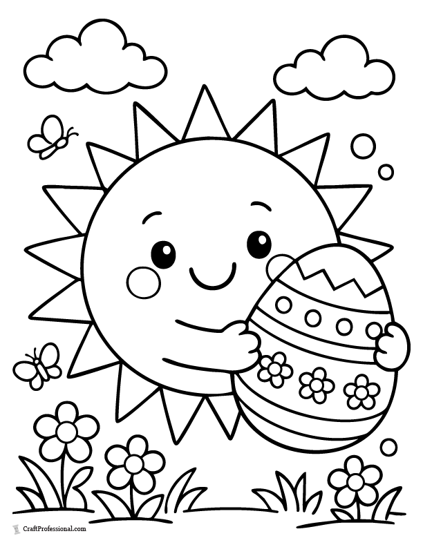 Smiling sun with Easter egg simple coloring page for kids.