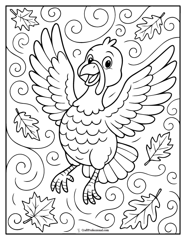 Smiling turkey flying amid swirling fall leaves coloring page