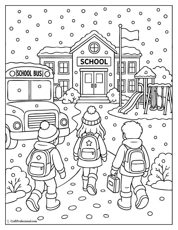 Snow day at school coloring page with children, backpacks, a school bus, and falling snow.