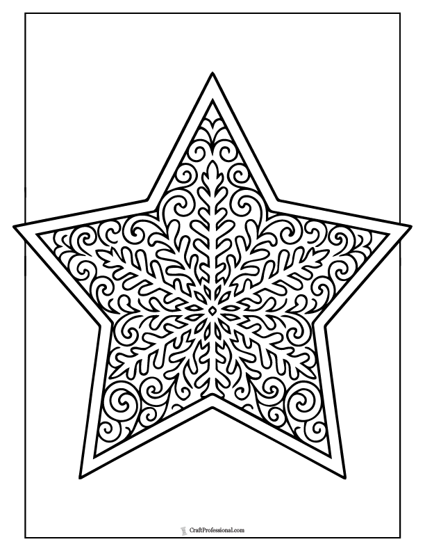 Star with snowflake-inspired pattern, coloring page.