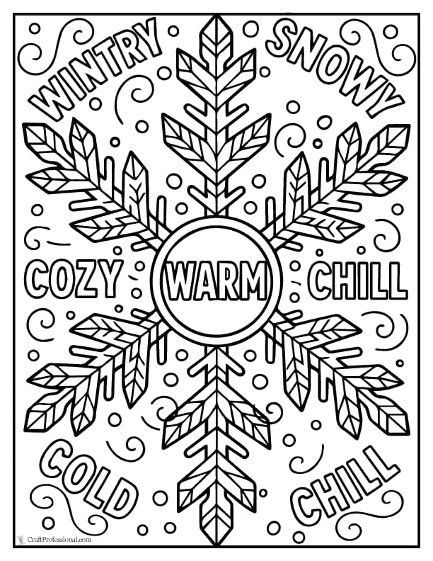 Snowflake with winter words inside coloring page