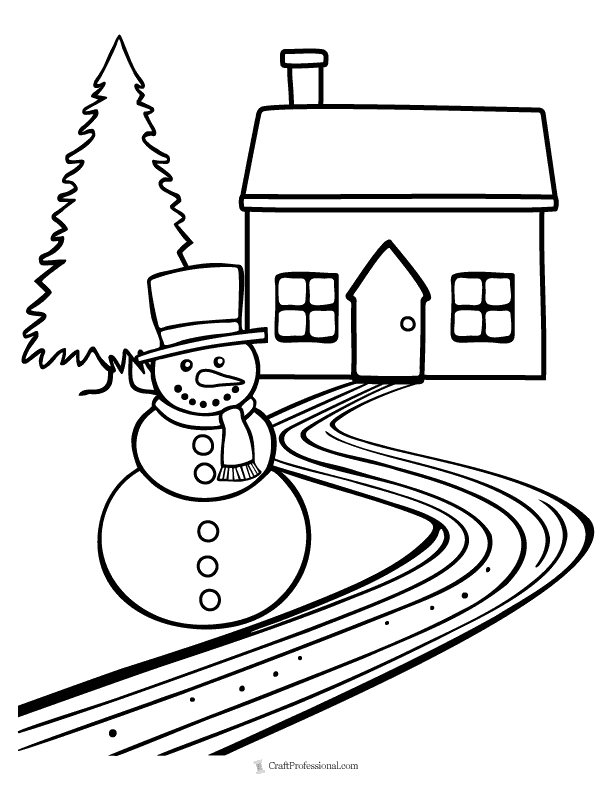 Winter scene coloring page with snowman, snowy path, house, and Christmas tree.