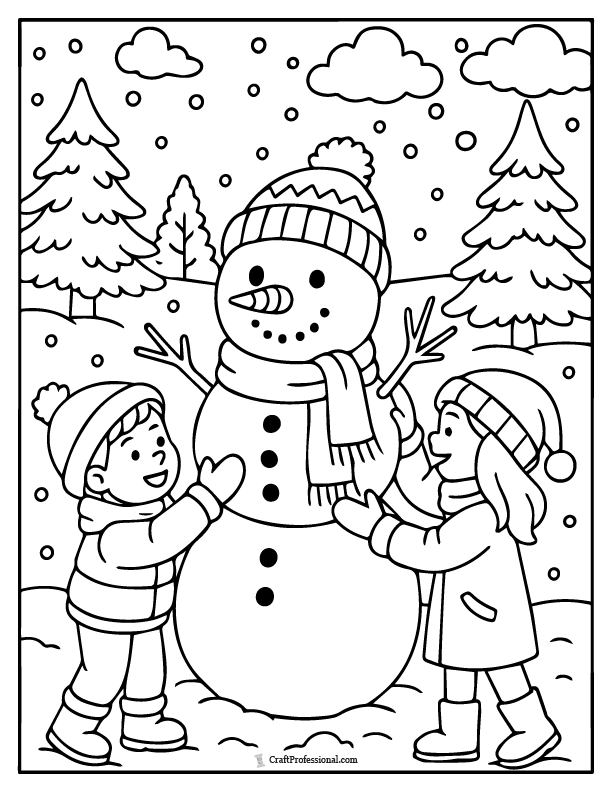 Snowman building scene, coloring page.