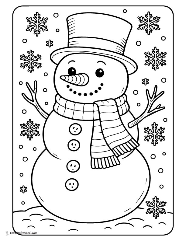 Classic snowman with top hat and scarf coloring page